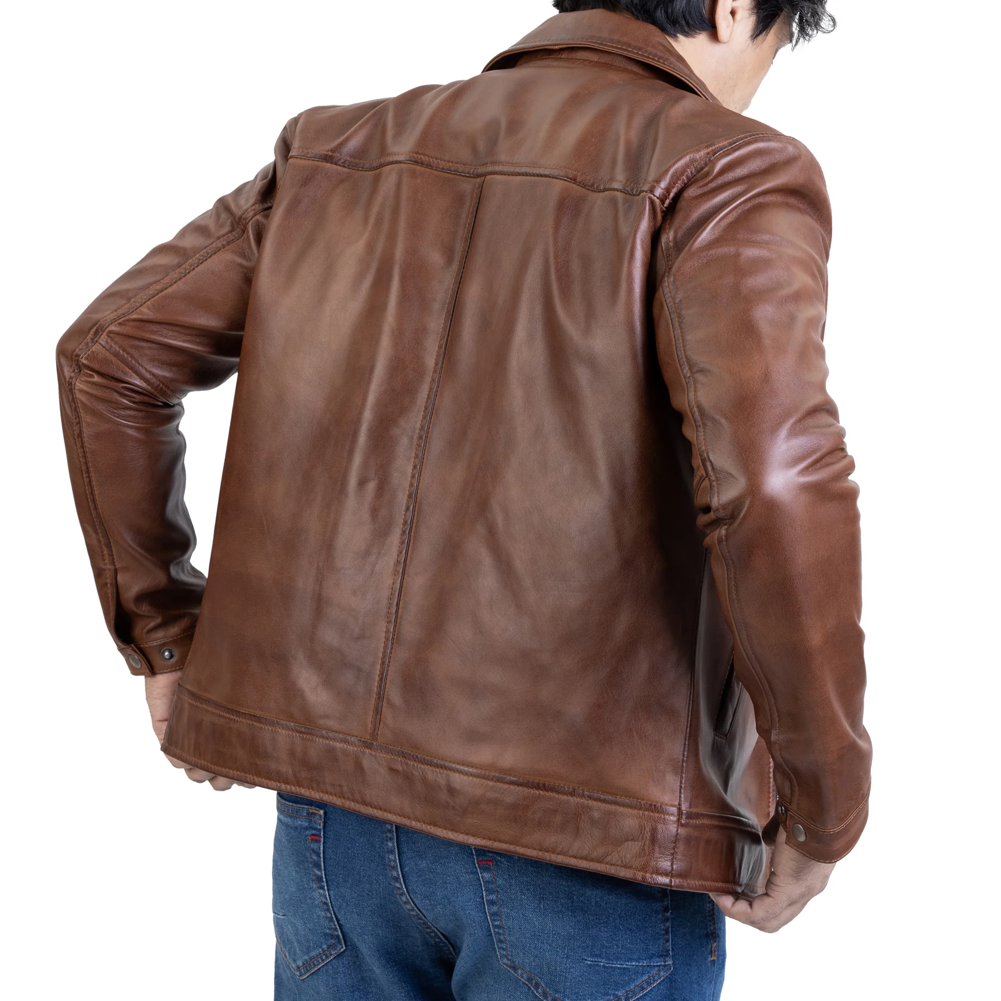 Men's Brown Harrington Collar Shirt Premium Leather Jacket